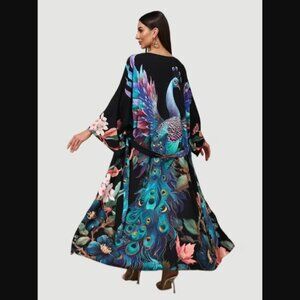 Peacock Print Black Kimono Duster Coverup Dress one size NWT